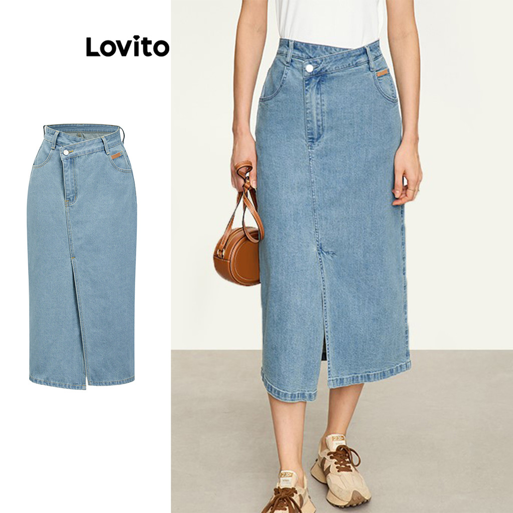 Lovito กระโปรงยีนส์ผ่าหลังสีพื้นลำลองสำหรับผู้หญิง L109MD825