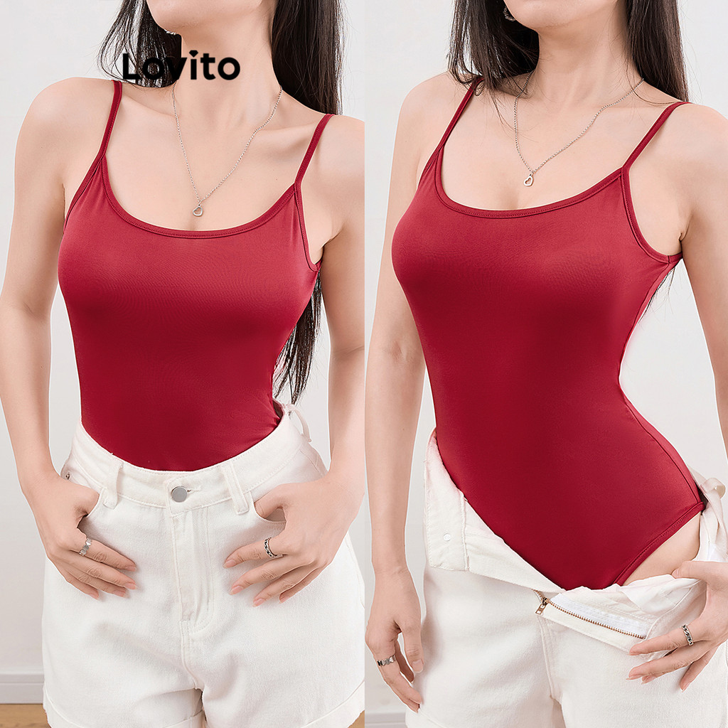Lovito ชุดบอดี้สูทสีพื้นเรียบๆ สำหรับผู้หญิง L109MD066