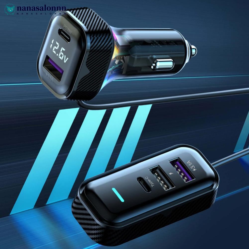NANASALONNN PD 30W Car Charger ด้านหน้าและด้านหลัง Universal พร้อม 1.5M Extension Cable 5-Port Outpu