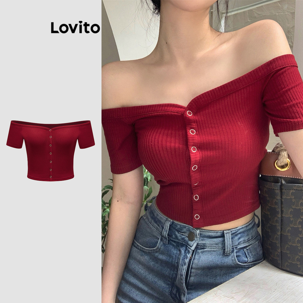 Lovito เสื้อยืดผู้หญิง มีกระดุม สีพื้น สไตล์ลำลอง L90AD180