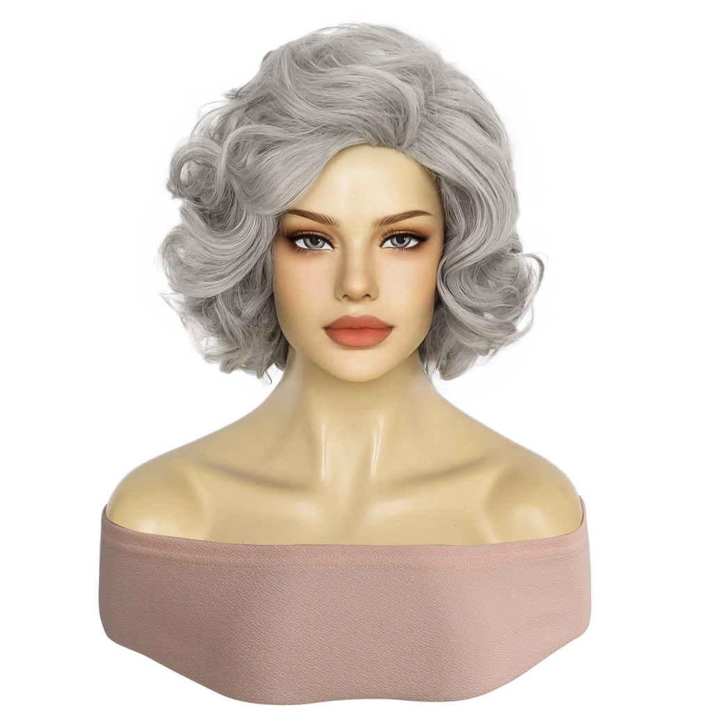 วิกผม Old Lady สังเคราะห์สําหรับผู้หญิงสั้นสีเทาหยิกคอสเพลย์วิกผมสีเทายายวิกผมคอสเพลย์ปาร์ตี้ฮาโลวีน