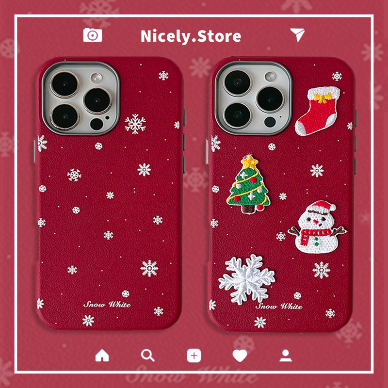 Ins Snowflake ปัก Snowman เคสโทรศัพท์ต้นคริสต์มาสสําหรับ iPhone 16 Plus 15 14 13 12 11 Pro Max หนัง Anti-fall ฝาหลัง