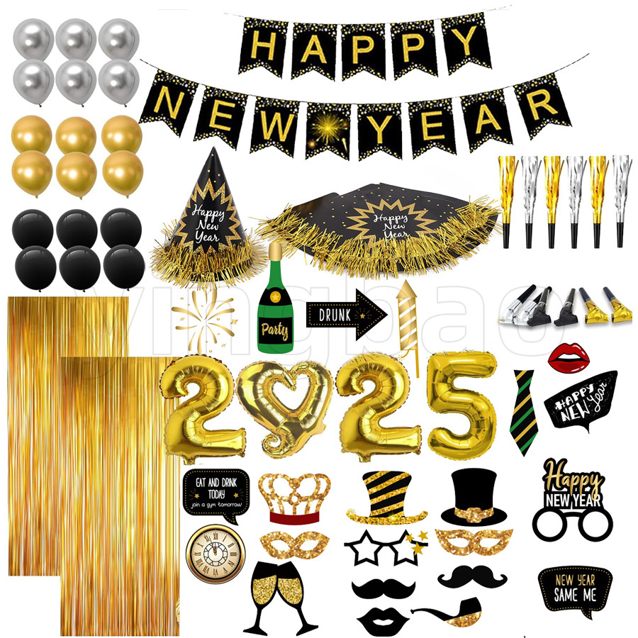 2025 ปีใหม่ Eve Party Supplies ชุด Glitter แบนเนอร์สวัสดีปีใหม่,6 หมวก, 22 Photo Booth Props,6 เป่า, 3M ฟอยล์ Fringe ผ้าม่าน, 18 บอลลูนสําหรับปีใหม่ Eve Party Decoratio