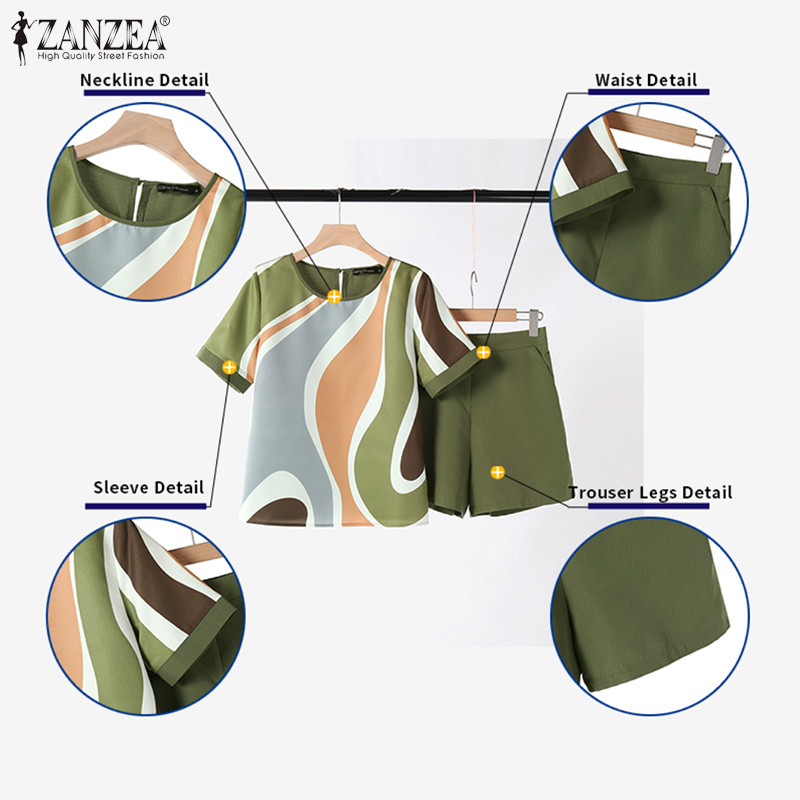 Zanzea ผู้หญิงเกาหลีหรูหราเรียบง่ายคอลูกเรือแขนสั้นเอวยางยืดเสื้อและกางเกงขาสั้น — صورة 7