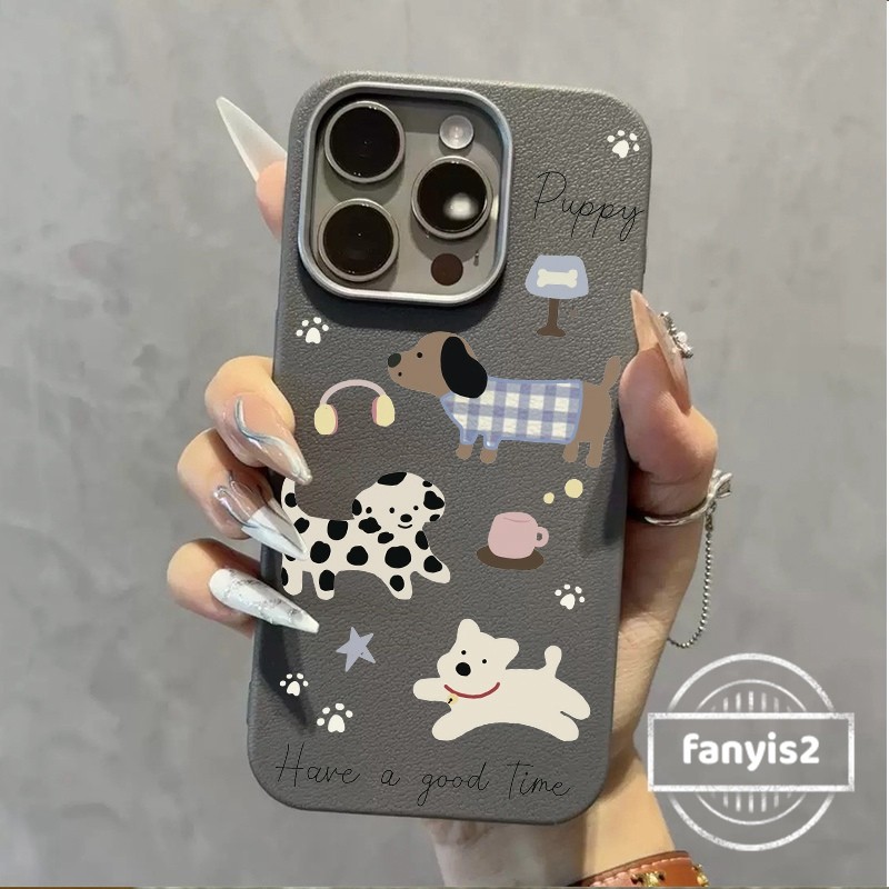สําหรับ IPhone 11 16 15 14 13 12 Pro Xs Max XR X 6 7 Plus ปลอกการ์ตูนน่ารักลูกสุนัข Retro หรูหราหนังกันกระแทกปกอ่อน