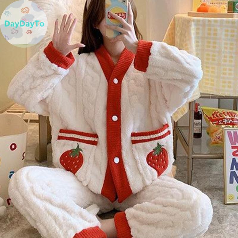 Daydayto Peach Strawberry Cardigan Warm Thicken Casual Coral Fleece Pyjamas Set TH