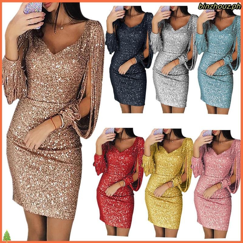 CFW_ Party ผู้หญิง Glitter V คอ Hollow Out พู่แขนยาว Bodycon Mini Dress Gown