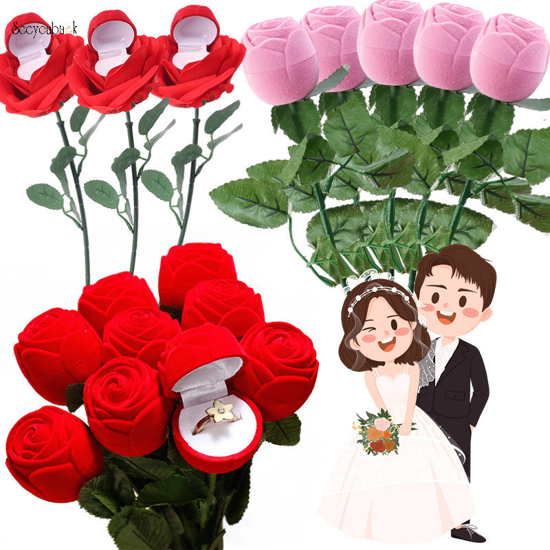 แห่กัน สีแดงสีชมพูกุหลาบออกแบบกล่องแหวนจําลองดอกไม้เครื่องประดับต่างหูผู้ถือแสดงกล่องแหวนแต่งงานเคาน์เตอร์บรรจุภัณฑ์แหวนกรณีของขว