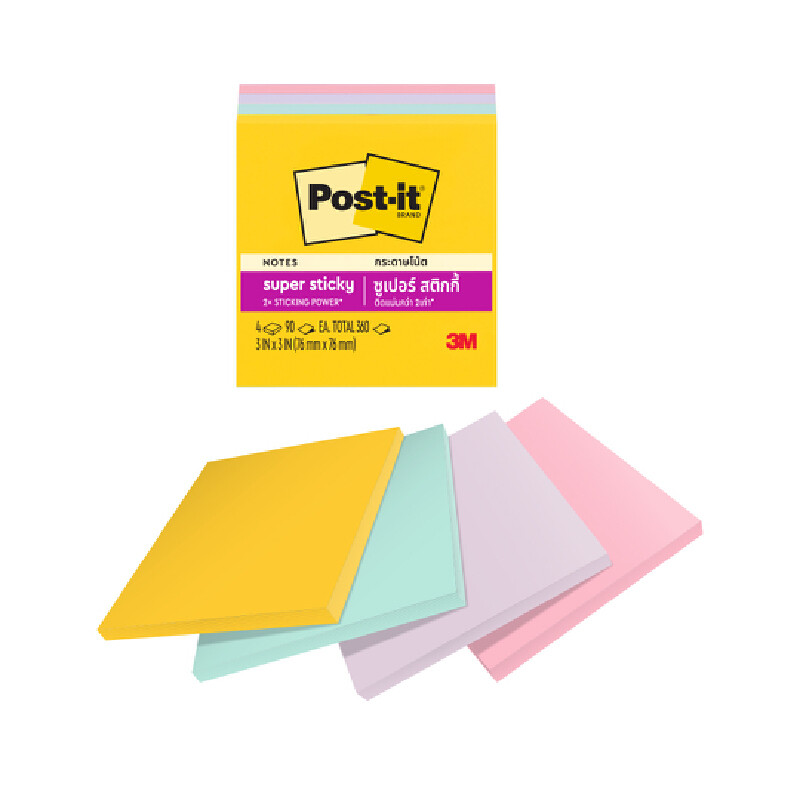 3M ซูเปอร์สติกกี้โน้ต Post-it รุ่น 654-4SS SWT คละสี ขนาด 3x3 นิ้ว (แพ็ค 4 เล่ม)