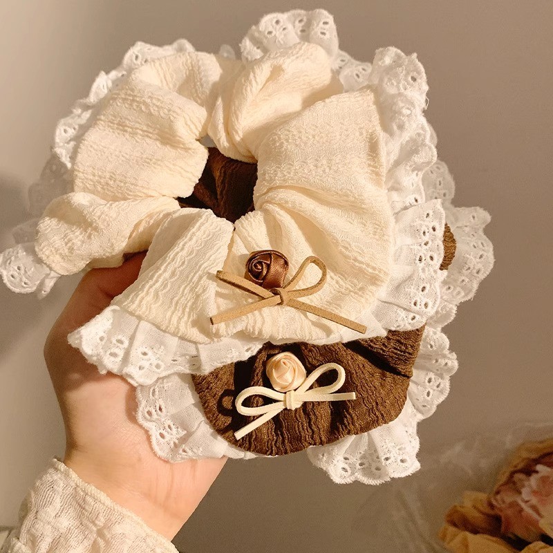 แฟชั่นสีกากี Bowknot ลูกไม้ผมหางม้าผมแหวนหัวเชือกผูกผม Scrunchies Headwear