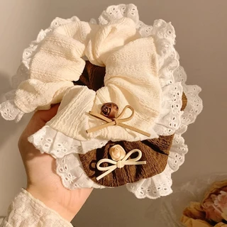แฟชั่นสีกากี Bowknot ลูกไม้ผมหางม้าผมแหวนหัวเชือกผูกผม Scrunchies Headwear