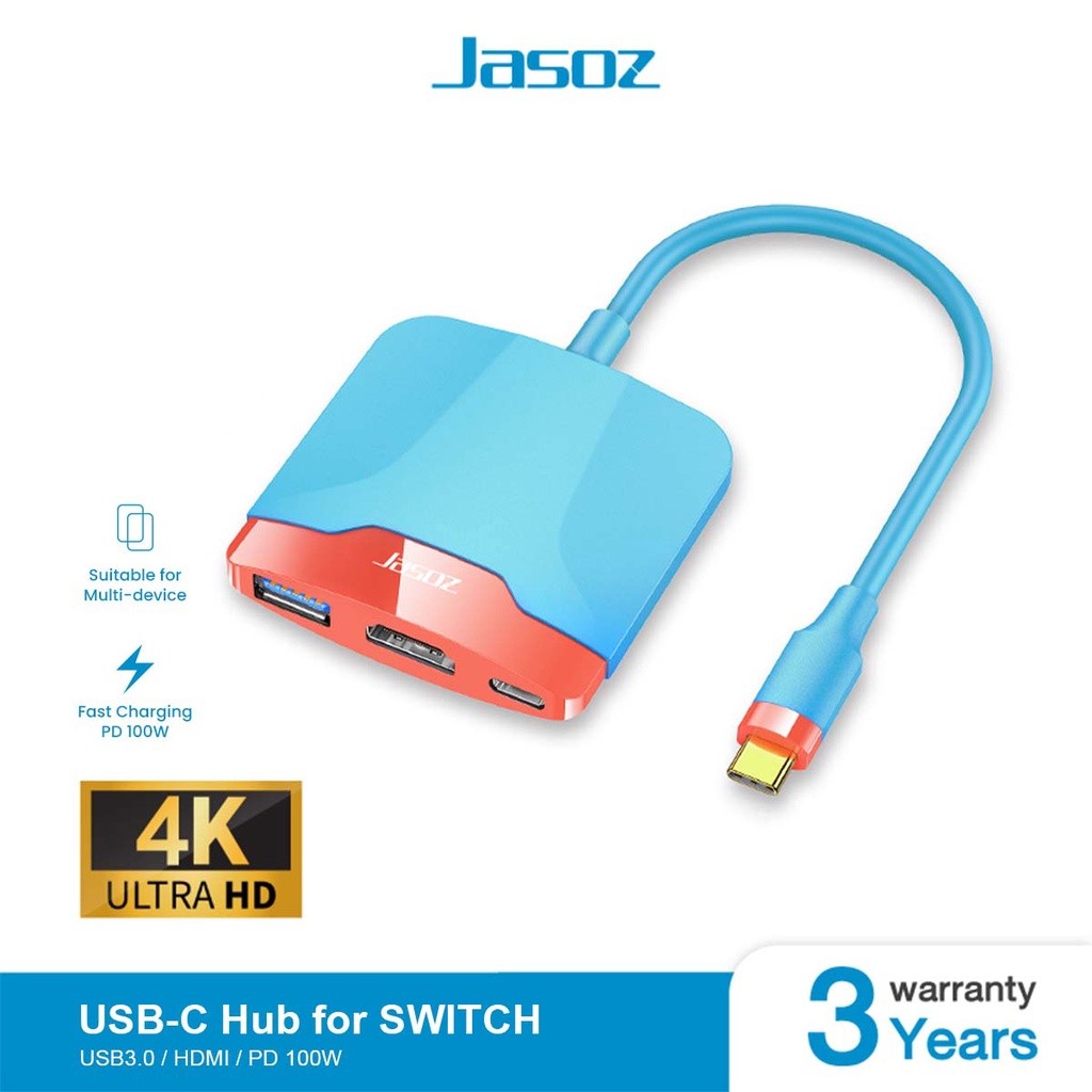 Jasoz USB-C Hub Adapter 3in1 สำหรับ Switch/Phone/Notebook (USB-C to USB 3.0/HDMI/USB-PD 2.0)