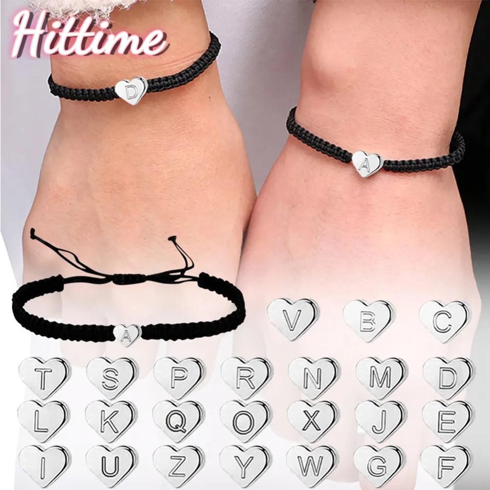 Hittime เชือกสีดําตัวอักษรหัวใจสร้อยข้อมือลูกปัดเรียบง่ายประณีตทอปรับเชือกมือสร้อยข้อมือผู้หญิงเครื่องประดับมือ C4N3[NVEP]
