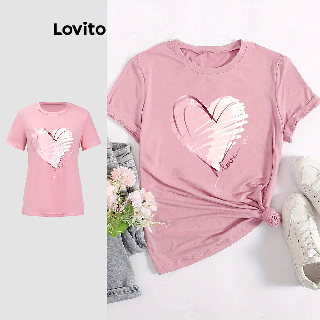 Lovito เสื้อยืดลายหัวใจลำลองสำหรับผู้หญิง LBL18590