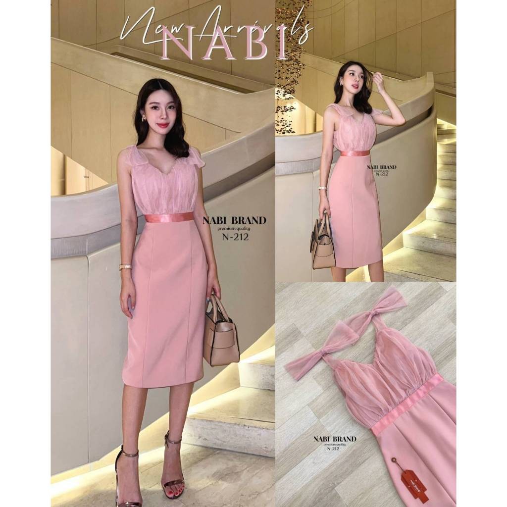(xs-xl) (พร้อมส่ง) Nabi&Mabel16 เดรสแขนกุดชีฟองสีชมพูนู้ด แต่โบว์ชีฟองที่ไหล่ มีฟองน้ำและซับในทั้งชุ