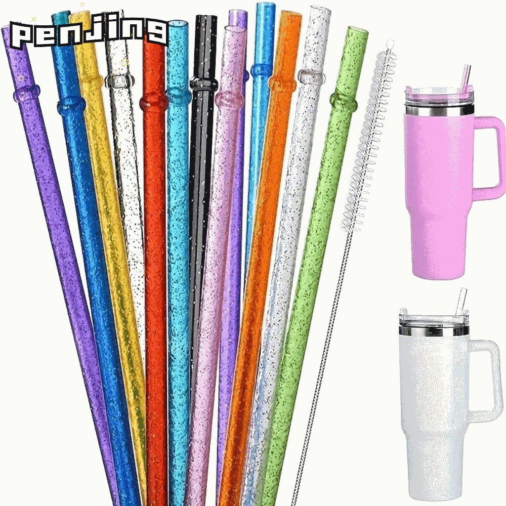 Penjing 1PC ผงทองหลอดพลาสติก, รถ Travel ถ้วยฟางแบบพกพา Glitter Straw, ของขวัญพร้อมแปรงทําความสะอาดถ้