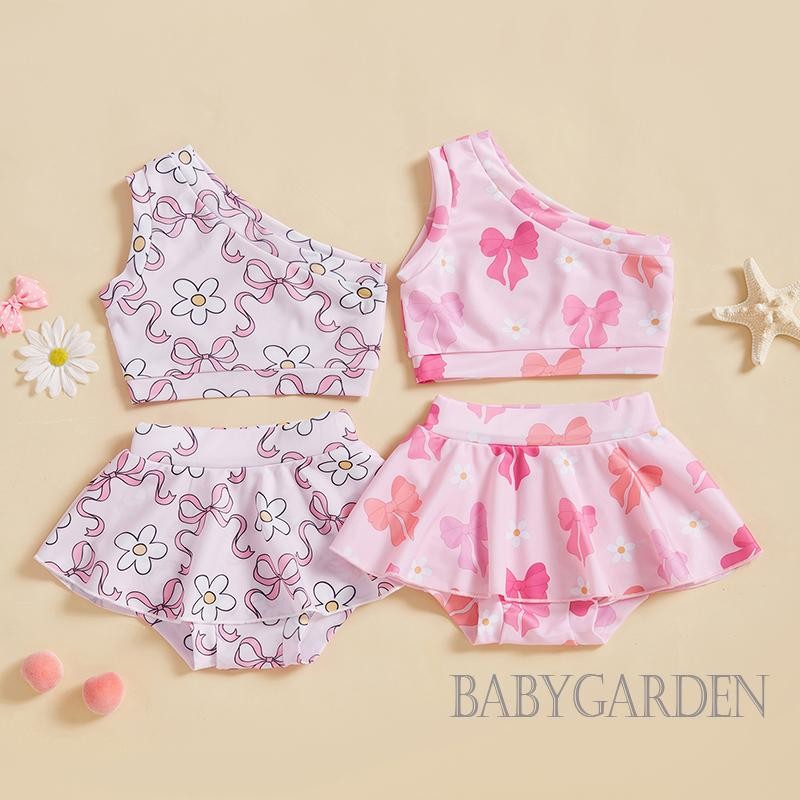 //-6เดือน-4ปี เด็ก/เด็กทารกชุดว่ายน้ําสองชิ้นแขนกุดโบว์พิมพ์เสื้อกล้ามบิกินี่ด้านล่างชุดฤดูร้อนชุดว่ายน้ํา