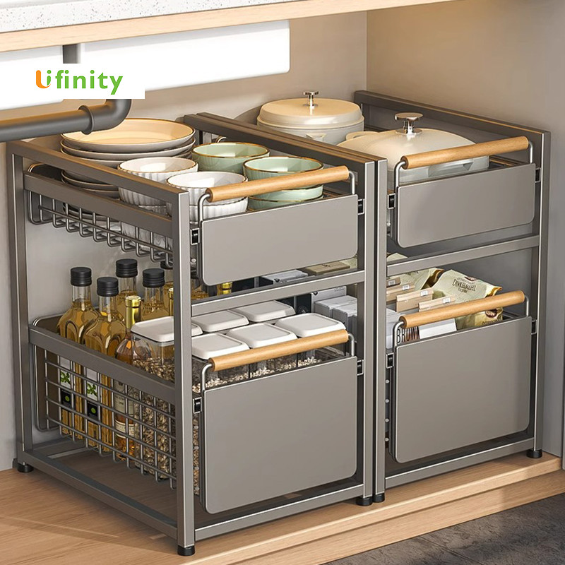 Lifinity ชั้นวางของใต้อ่างล้างจาน ที่จับไม้ ไม่จำเป็นต้องติดตั้ง ชั้นวางของแบบดึงผลักบนตู้และใต้ตู้