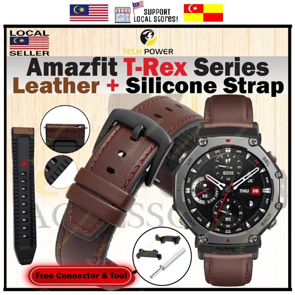 Amazfit T-Rex 3 /Amazfit T-Rex 2 /Amazfit T-Rex /T-rex Pro Strap Leather + Silicone Strap, Tali Jam 