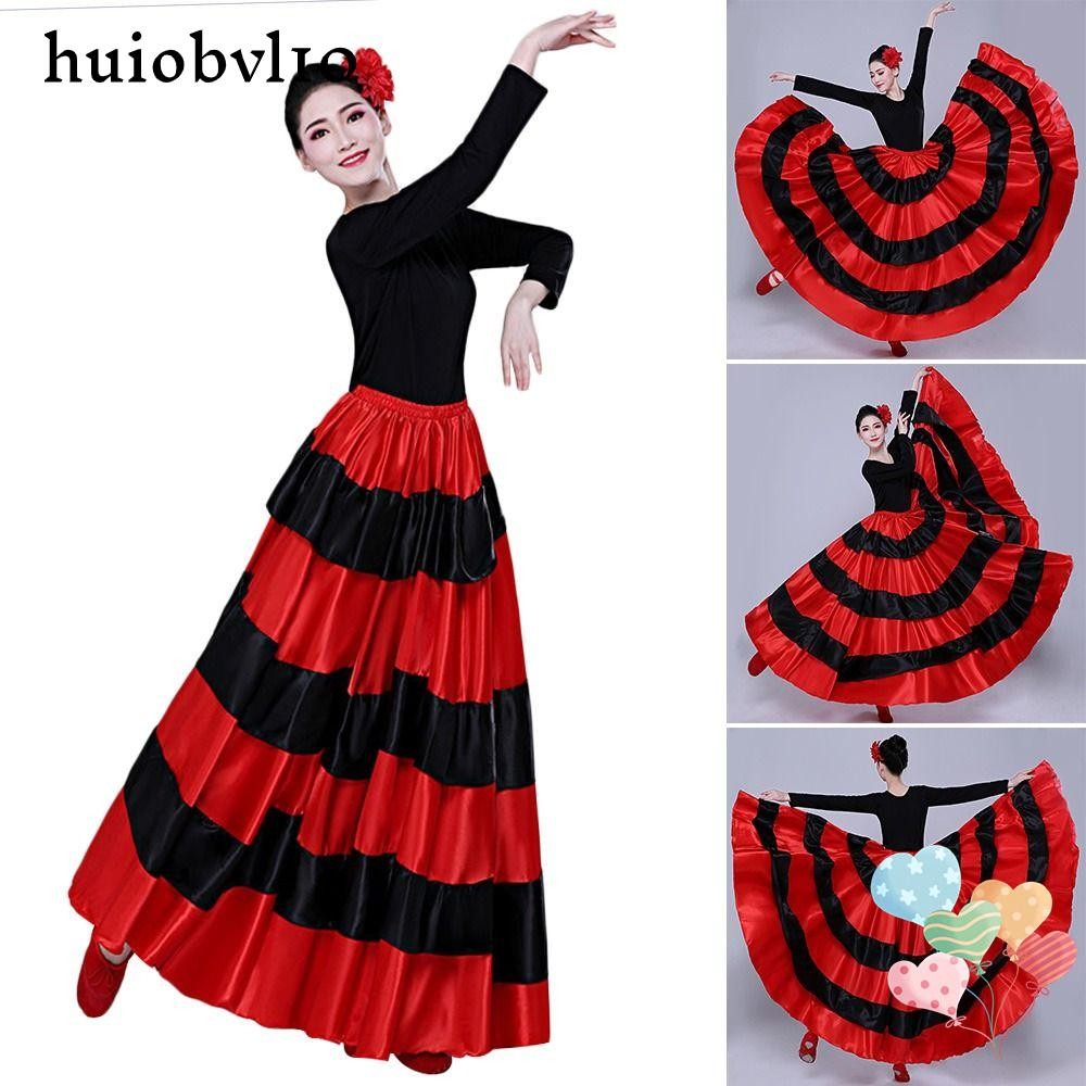 Huiobvl10 สเปน Flamenco กระโปรง, Big Swing Smooth Belly Dance เครื่องแต่งกาย,แฟชั่นซาติน Ballroom Paso Doble Dance Dress สําหรับผู้หญิง