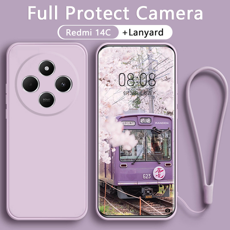 เคส Redmi 14C 13 13C 12 12C 5G 4G เคสซิลิโคนเหลวพร้อมกล้องแบบเต็มสายคล้อง สายคล้องเชือกเส้นเล็ก ข้าว