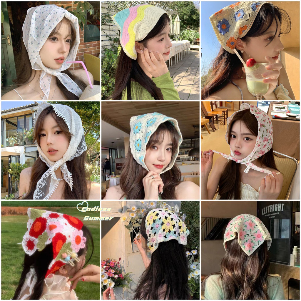 ผ้าคลุมศีรษะรูปสามเหลี่ยม 🎗โครเชต์ถัก  ที่คาดผม 💕ลูกไม้ชีฟองลายดอกไม้🚚ส่งไวจากไทย1-3วัน #0293