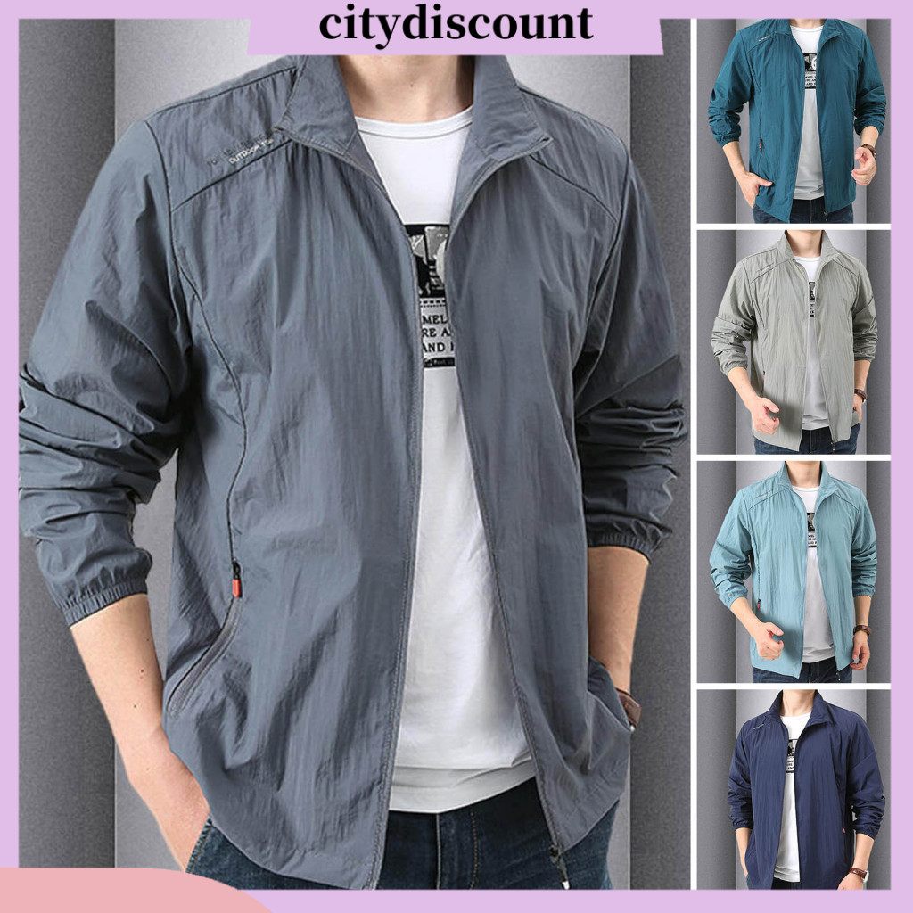 <citydiscount> Men Splashproof Windbreaker Men Lightweight Coat Mens Lightweight Sun Protection Jacket สําหรับกิจกรรมกลางแจ้ง Breathable Windproof Coat with Zipper Placket