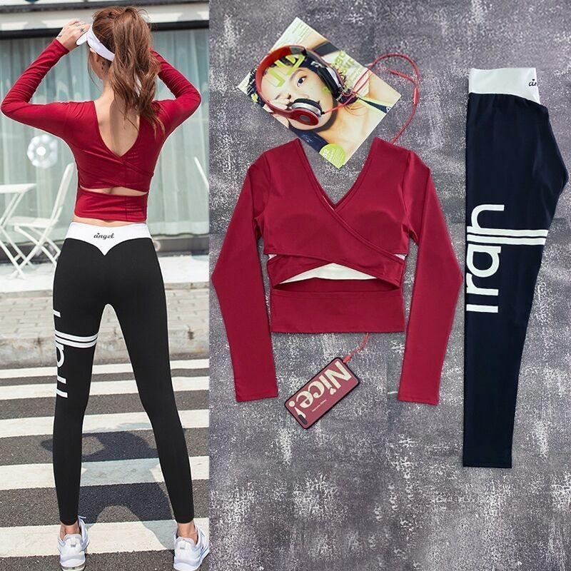 ฤดูใบไม้ร่วงฤดูหนาวชุดโยคะผู้หญิง Professional High-End Quick-Drying V คอชุดออกกําลังกายชุดวิ่งกีฬาผ