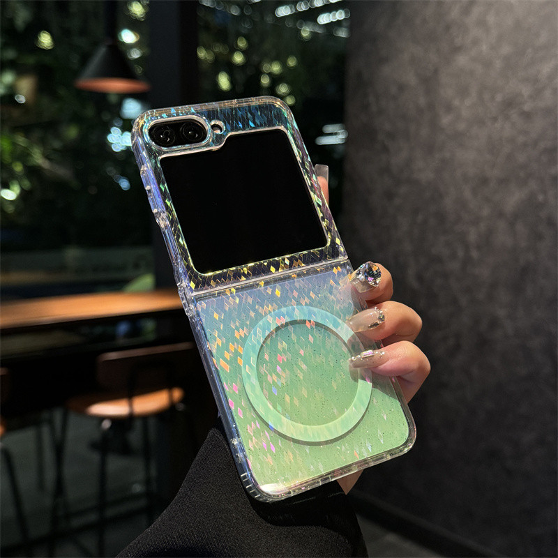 เคสโทรศัพท์พับได้แบบแม่เหล็กโปร่งแสงแบบไล่ระดับเลเซอร์สำหรับ Samsung Z Flip 6 Z Flip 5 4 3 ชาร์จไร้สายแข็งแรงกันกระแทกป้องกันสีเหลือง