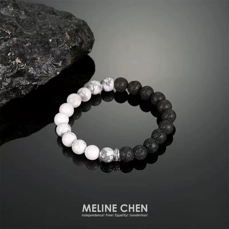 Simple All-Match Mens Natural Mountain Rock White Turquoise Black White Bead Bracelet Simple Yin Yan