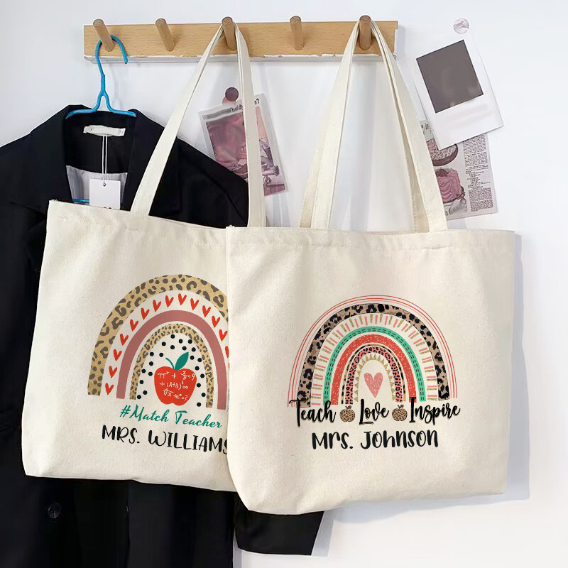 Personalised Tote Bag Rainbow with Name Canvas Shoulder Bags Teacher Life Shopping Bag Women Travel 