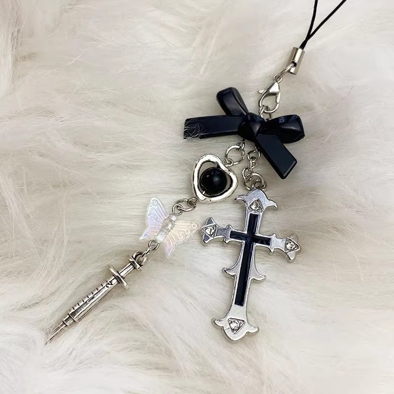 1ชิ้นKpop Gothic Star Crossพวงกุญแจสําหรับโทรศัพท์Y2K Gothสีดําโบว์หัวใจผีเสื้อเชือกเส้นเล็กพวงกุญแจโทรศัพท์กระเป๋าจี้Egirl