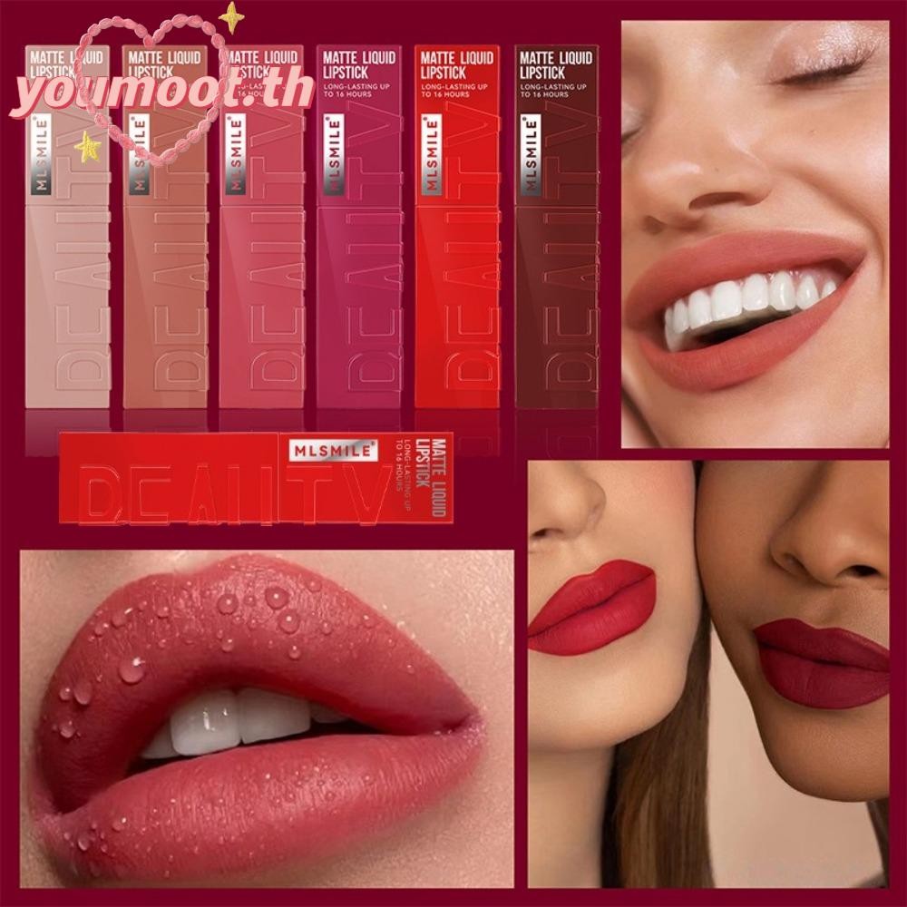 💄YOUMOOT ลิปสติกเนื้อแมตต์เหลวเคลือบริมฝีปากกันน้ํา6สีความงามกํามะหยี่ซาตินกลอสไม่ติดถ้วยลิปกลอสติดทนนาน