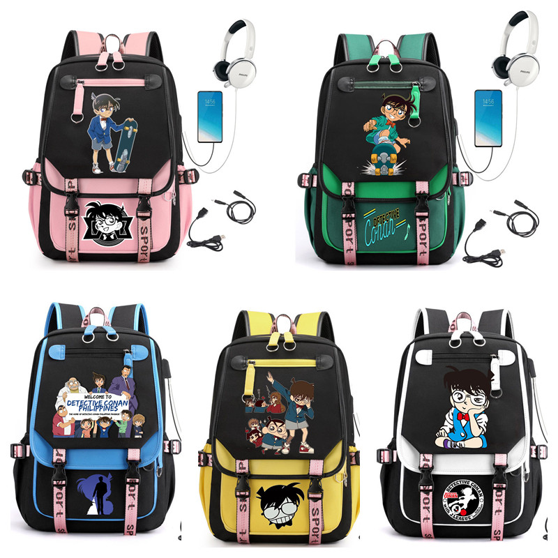 Anime Conan Backpack Student School Bag Laptop Bagpack Travel Bag (อินเทอร์เฟซ USB และหูฟัง)