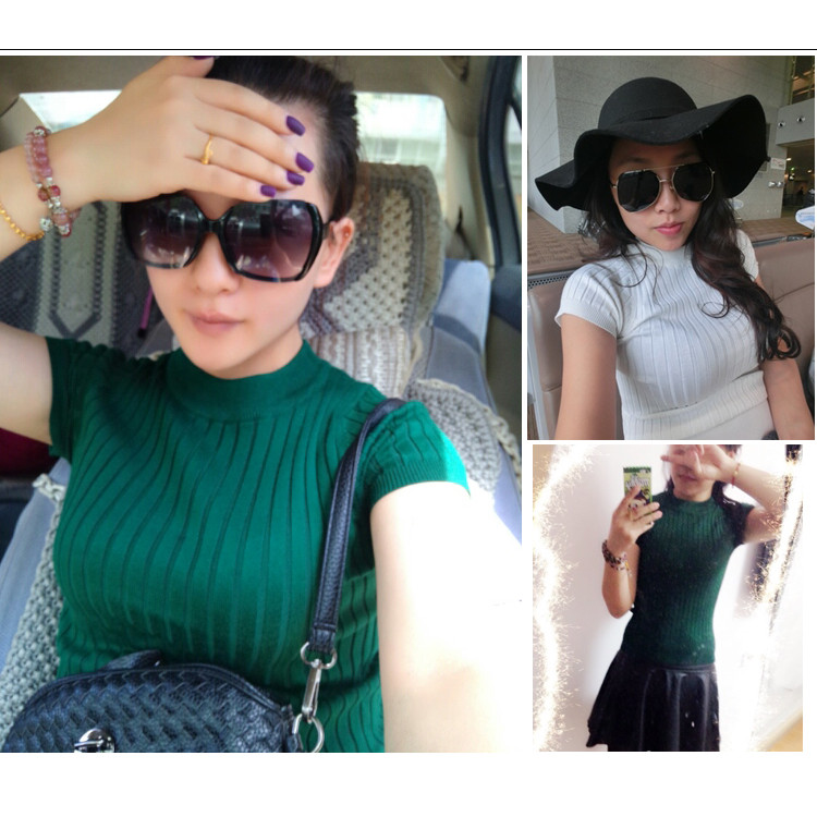 ผู้หญิง เสื้อสเวตเตอร์แขนสั้นคอเต่าครึ่งตัว ลายทางแนวตั้ง ริบบิ้น หลากหลาย ทรงเข้ารูป ฤดูใบไม้ผลิฤดู