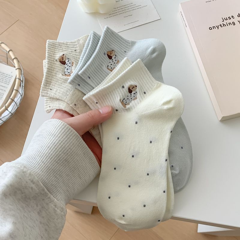 ฤดูร้อนตาข่ายระบายอากาศกระโหลกสไตล์เรียบง่ายสีทึบการ์ตูนลูกสุนัขถุงเท้าน่ารักผู้หญิง