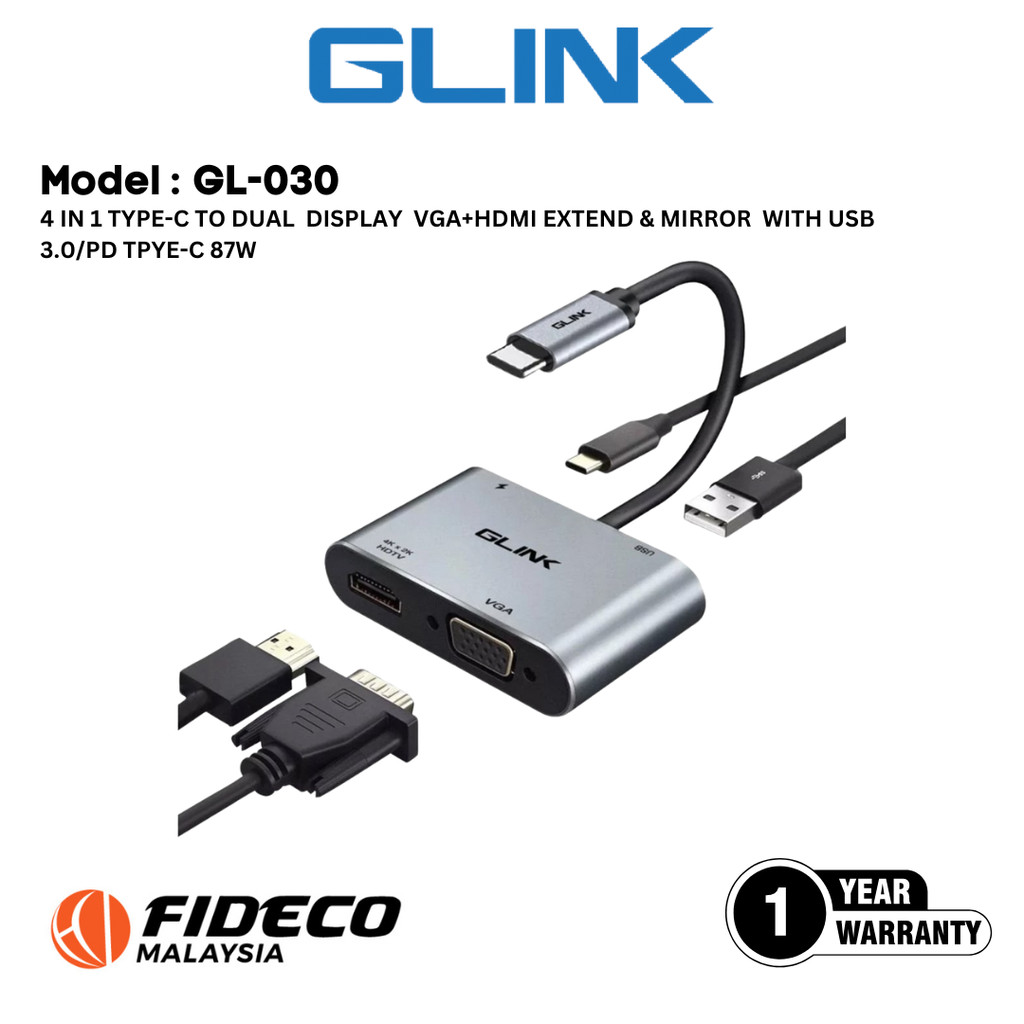 GLINK GL-030 4 IN 1 TYPE-C TO DUAL DISPLAY VGA+HDMI EXTEND & MIRROR พร้อม USB 3.0/PD TPYE-C 87W