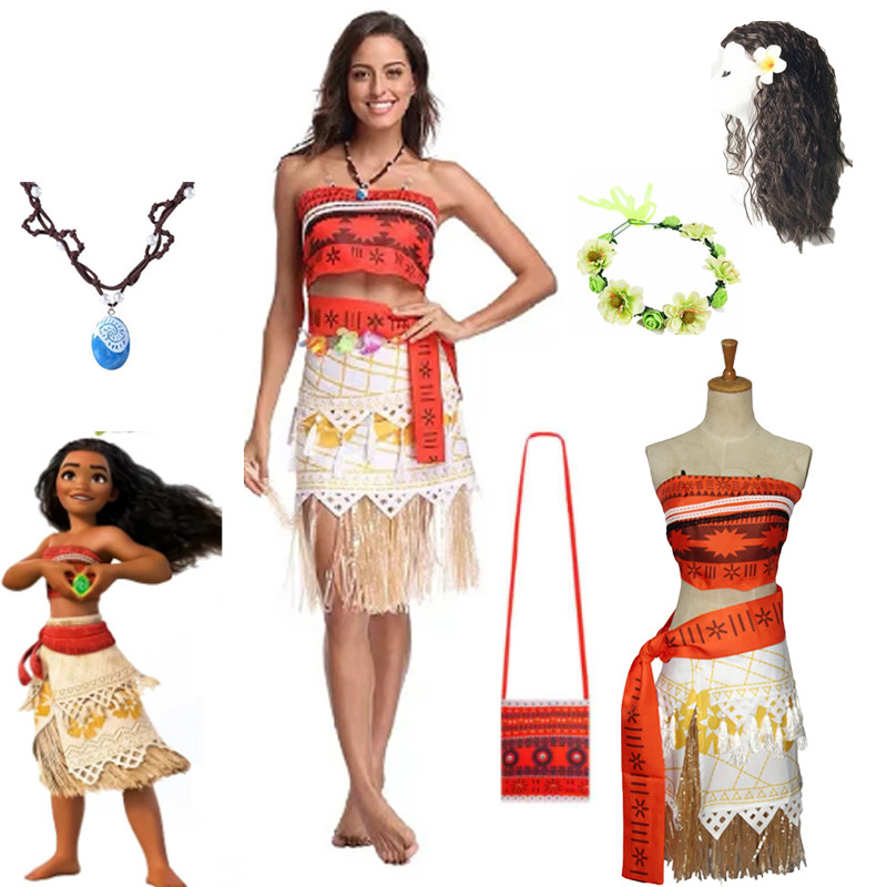 2025 ภาพยนตร์ Disney Moana คอสเพลย์เครื่องแต่งกายสําหรับผู้หญิงปาร์ตี้ฮาโลวีนเสื้อผ้าอุปกรณ์เสริมสร้อยคอวิกผมกระเป๋าชุด