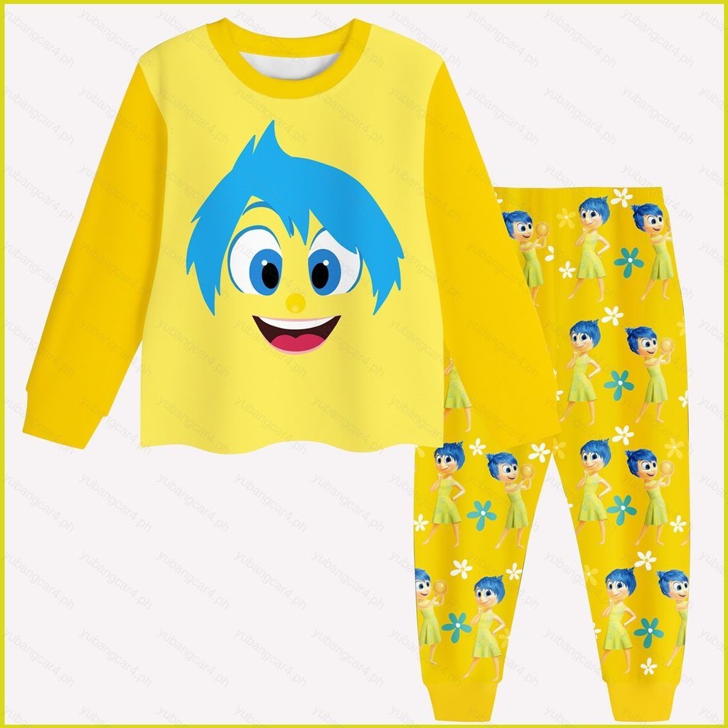 Yu3 2 ชิ้น/เซ็ต Inside Out 2 Joy การ์ตูนเสื้อผ้าเด็กแขนยาวกางเกงคอสเพลย์ผ้าชุดนอนเสื้อยืด