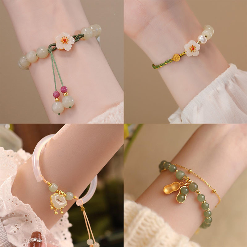 สร้อยข้อมือลูกปัดหยกกลมลายดอกพีชขนาดเล็ก