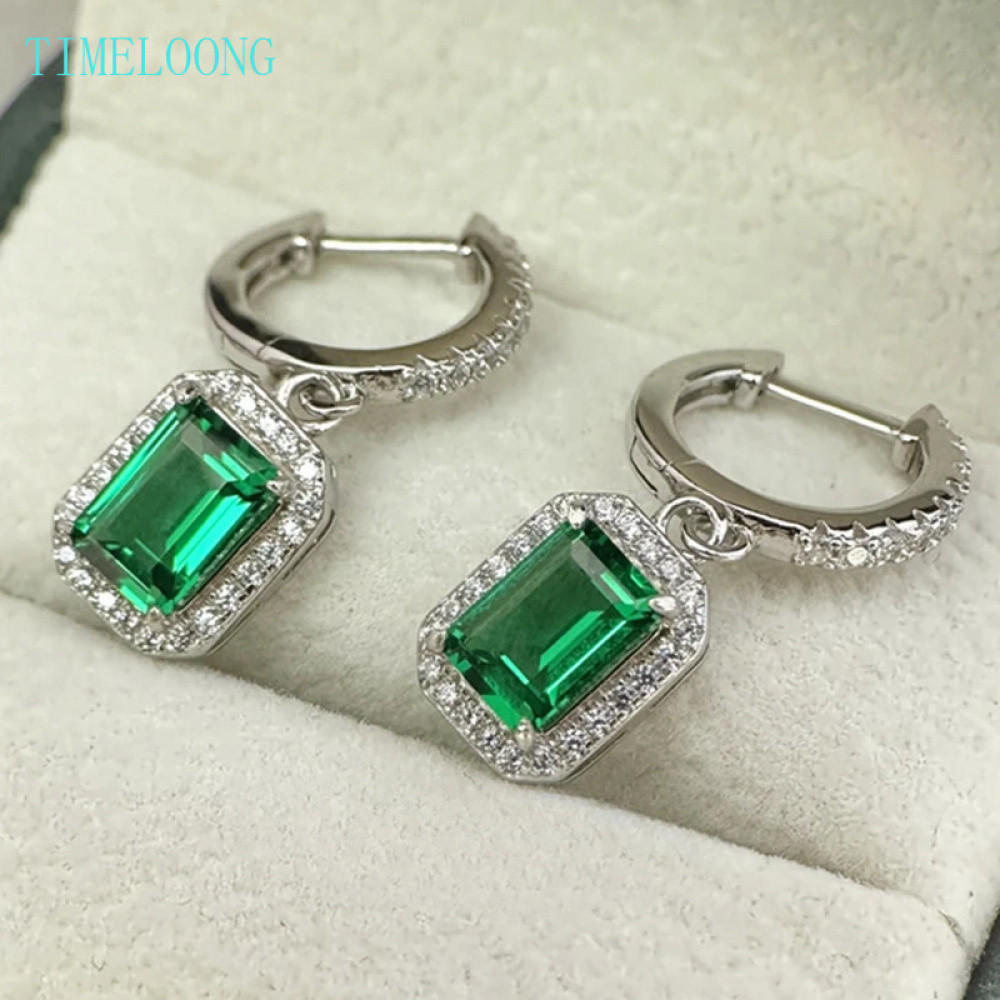 5*7 MM 1CT Emerald Cut Lab Emerald High Carbon Diamond อัญมณี Drop Dangle ต่างหู 925 เงินสเตอร์ลิงเค