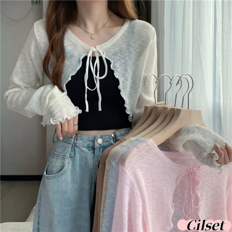 Cilset🛒พร้อมส่ง🎀เสื้อคลุมซีทรูไหมพรม ปลายหยัก แต่งชายระบาย จับแมทซ์ได้ทุกลุค สไตล์โคเรียสุดดีเทลเชือกผูกโบว์ /Q605-C