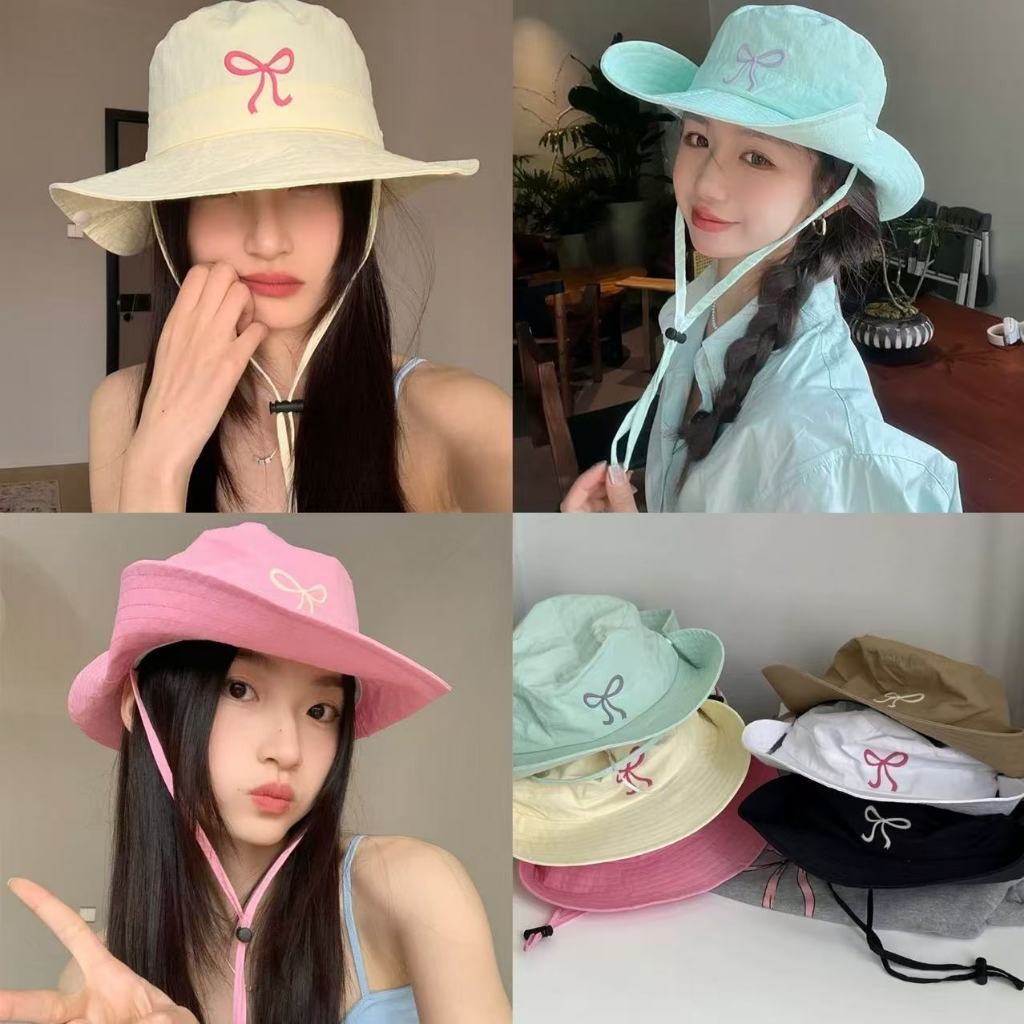 หมวกบักเก็ตผ้าร่มของผู้หญิง ประดับโบว์ สามารถพับเก็บได้