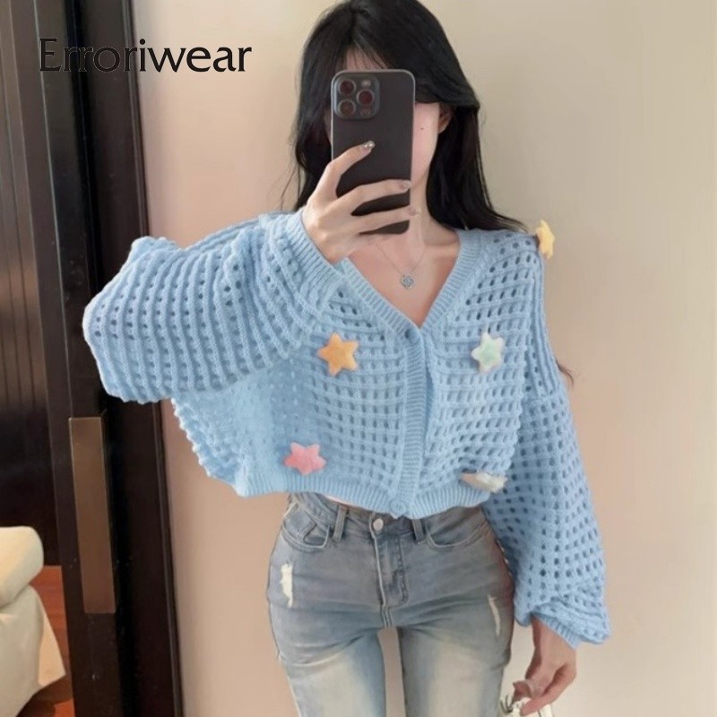 Errokiwear ผู้หญิงคาร์ดิแกน 2024 หลากสีดาวคอวีแขนยาวหลวม Fit Hollow Out Tops
