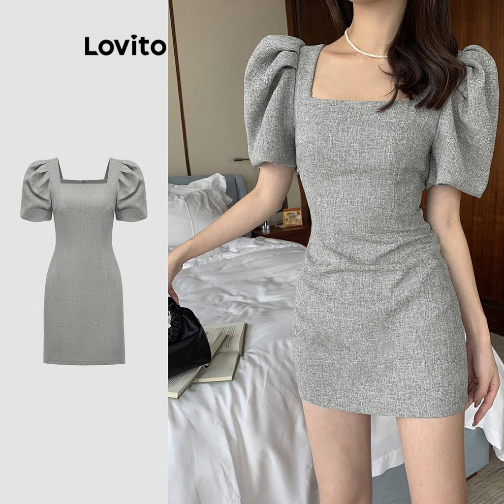 Lovito เดรสผู้หญิง แต่งจีบ สีพื้น สไตล์หรูหรา L91AD170