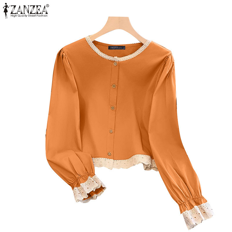 Zanzea เสื้อเบลาส์คอกลมแขนยาวลําลองเกาหลีสําหรับผู้หญิง