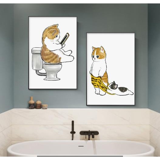 (พร้อมกรอบ) ห้องน้ําภาพวาดผ้าใบที่ทันสมัยเรียบง่ายน่ารักการ์ตูนสัตว์แมวสัตว์เลี้ยงห้องน้ําภาพพิมพ์ - รูปที่ 3