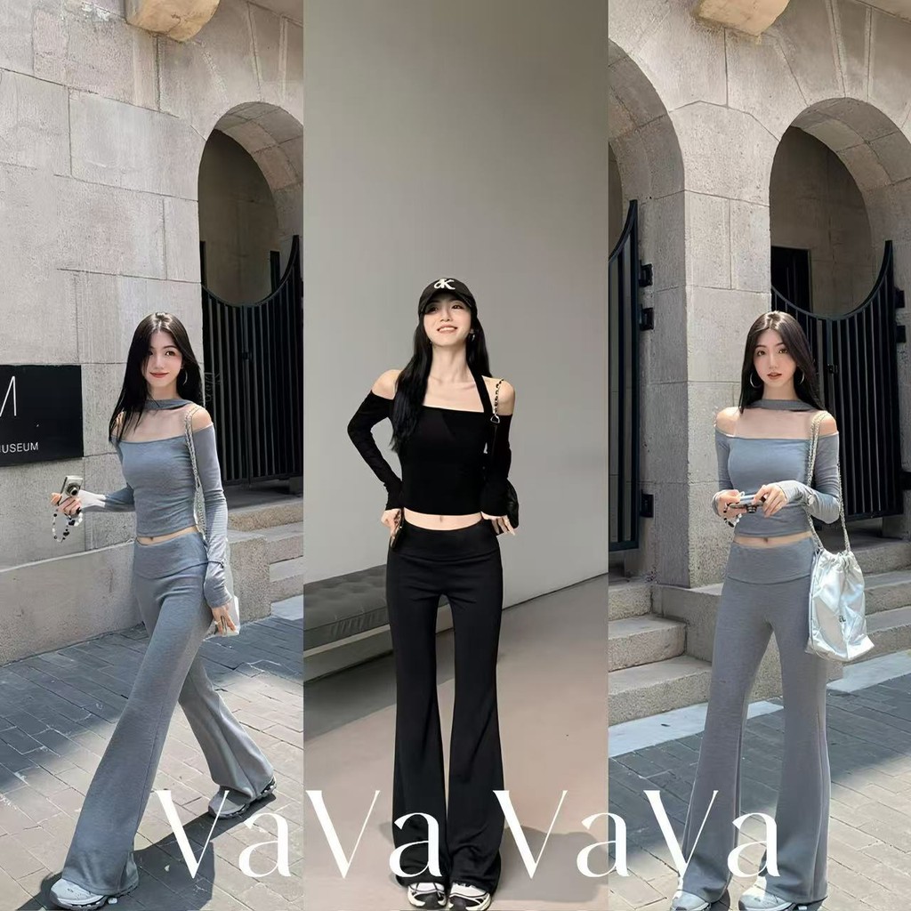 VaVa  มีสินค้า กางเกงลำลองขายาวแบบยางยืดเอวสูงกระชับสัดส่วนใหม่สีทึบสำหรับผู้หญิง เสื้อครอปไหล่เดีย（ชุด2ชิ้น）วของผู้หญิง