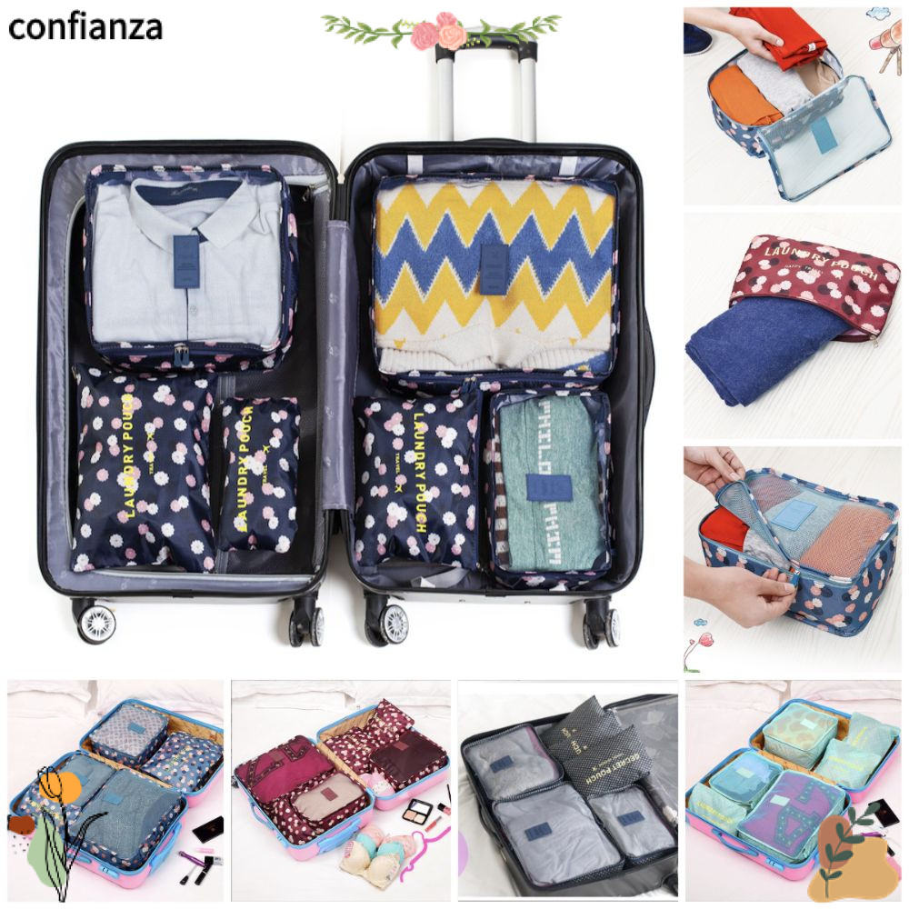 Confianza 6 ชิ้นชุดถุงเก็บกระเป๋าเดินทาง, ขนาดผสมกันน้ํา Travel Organizer, เครื่องมือ Compressible Visualized Window กระเป๋าเครื่องสําอางเสื้อผ้ากางเกงชุดชั้นใน