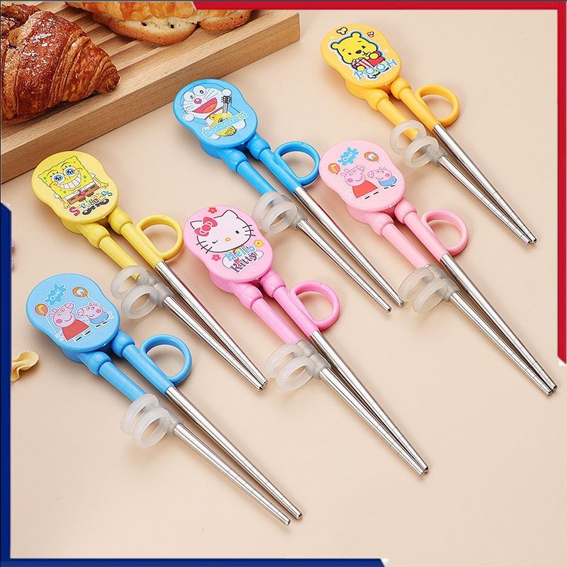 อะนิเมะ Hello Kitty ตะเกียบเด็กน่ารัก Sanrio สแตนเลสการเรียนรู้การฝึกอบรมเสริมตะเกียบ Kawaii เด็กบนโต๊ะอาหาร